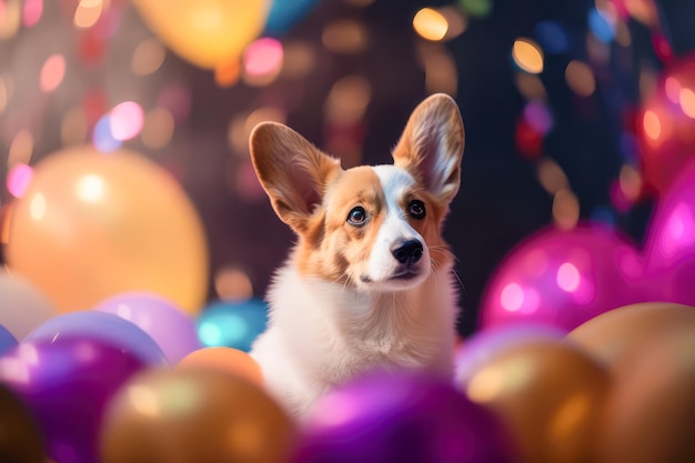 Alegre cachorro de corgi galés con globos de colores en la fiesta de cumpleaños Concepto de vacaciones y cumpleaños