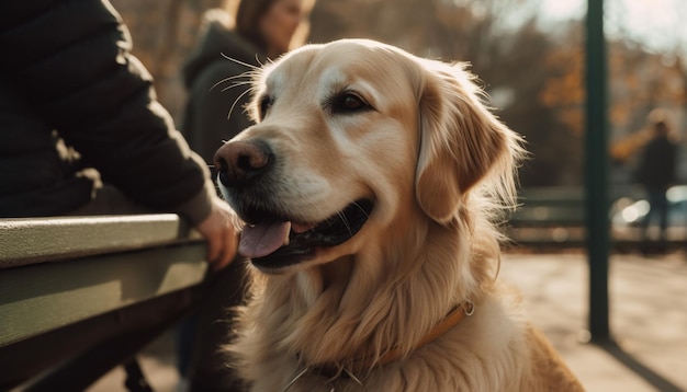 Un alegre cachorro golden retriever sonriendo a la luz del sol otoñal generado por IA