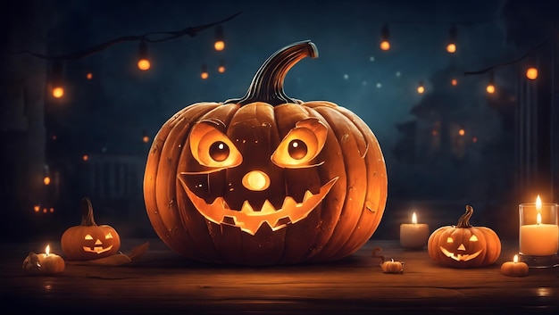 Una alegre calabaza de Halloween con una sonrisa dentada y una ilustración de cara de linterna brillante