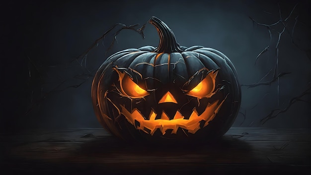 Una alegre calabaza de Halloween con una sonrisa dentada y una ilustración de cara de linterna brillante