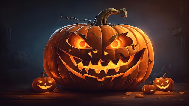 Una alegre calabaza de Halloween con una sonrisa dentada y una ilustración de cara de linterna brillante