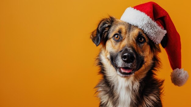 Alegre celebración canina Un perro festivo luciendo un gorro de Papá Noel en un lienzo dorado soleado