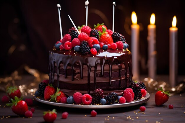 Alegre celebración de cumpleaños con delicioso pastel de chocolate