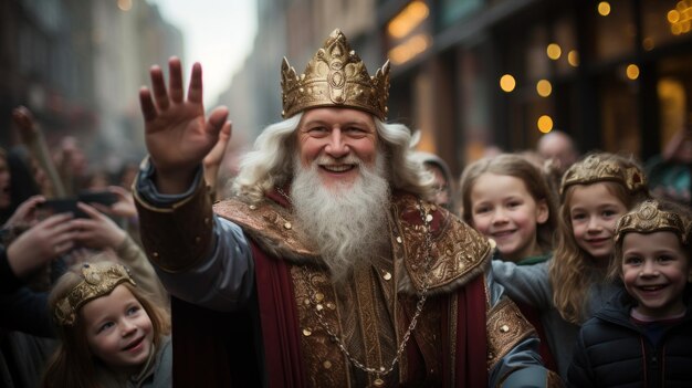 Foto alegre celebración de san nicolás en la ciudad con niños y multitud festiva