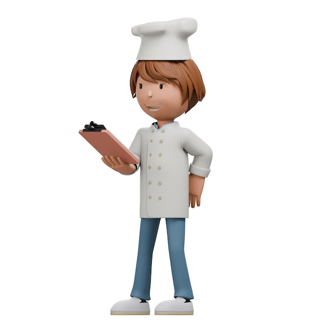 Un alegre chef de dibujos animados en 3D con un uniforme blanco y un sombrero sosteniendo un clipboard