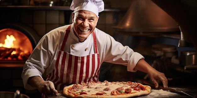 Foto un alegre chef ha preparado una gran pizza italiana llena de sabores y alegría ia generativa