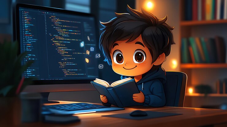 Foto alegre chibi desarrollador web con código