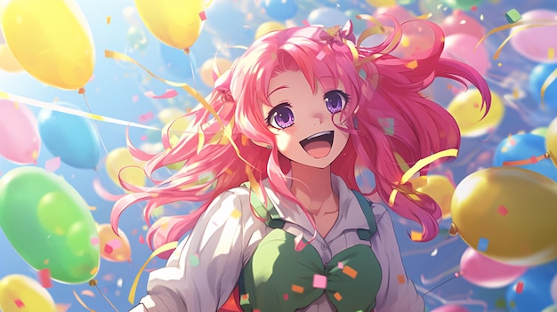 Una alegre chica de anime con cabello rosado vibrante y una expresión lúdica con globos