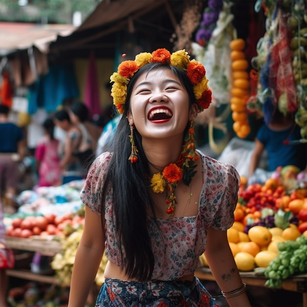 Una alegre chica tailandesa con una flor en el cabello