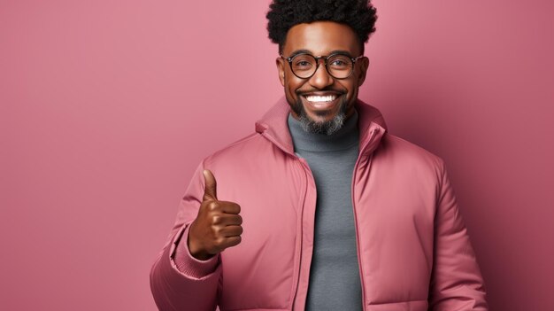 Un alegre chico afroamericano posando con una elegante chaqueta rosa con el pulgar hacia arriba