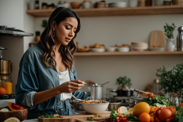 Alegre cocinera en una cocina moderna capturando la alegría de cocinar