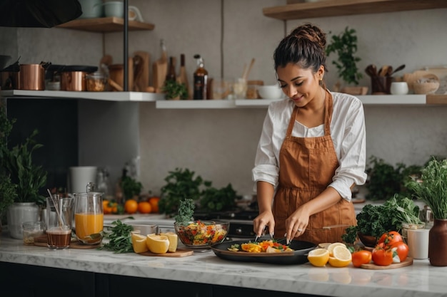 Alegre cocinera en una cocina moderna capturando la alegría de cocinar