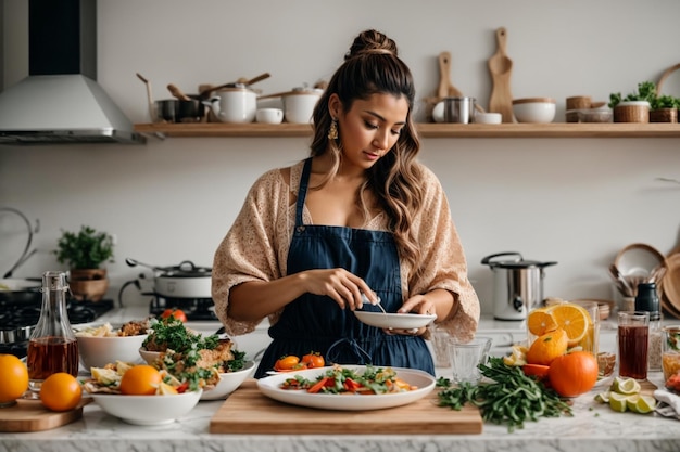 Alegre cocinera en una cocina moderna capturando la alegría de cocinar