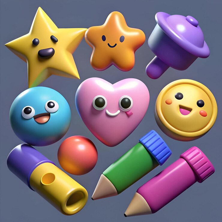 Foto una alegre colección de objetos de dibujos animados en 3d que incluyen un corazón estrella sol y otras formas lúdicas perfectas para agregar un toque de capricho a sus diseños