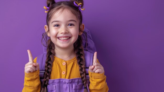 Alegre colegiala india con mochila púrpura sonriendo sobre un fondo púrpura