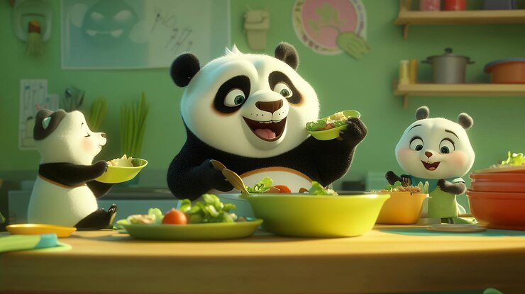 Foto la alegre comida de la familia panda una deliciosa escena animada en 3d
