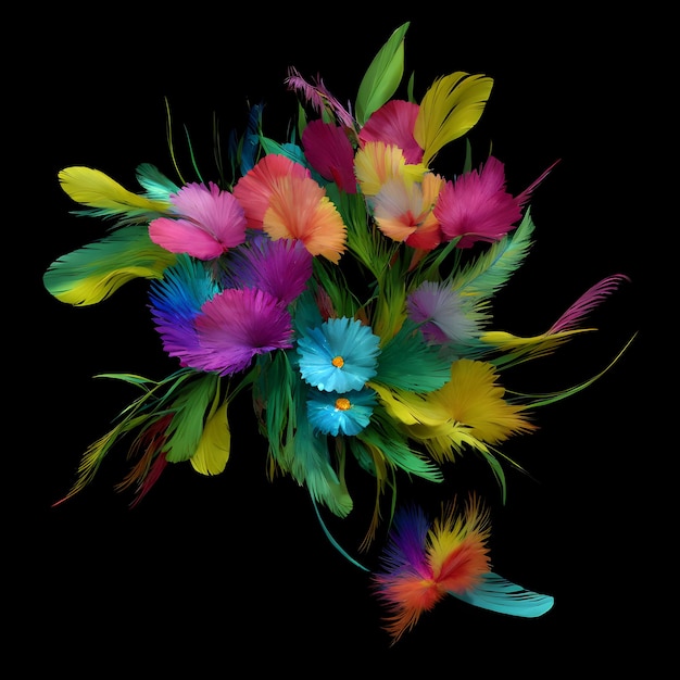 Foto alegre composición de fondo abstracto hecha de plumas de colores y flores ia generativa