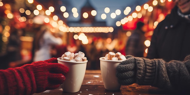 Una alegre composición de personas con las manos sosteniendo tazas de cacao caliente con marshmallows Close Up de
