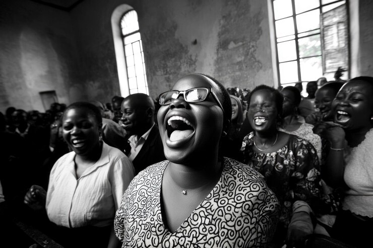 Una alegre comunidad africana celebra juntos en el servicio de la iglesia