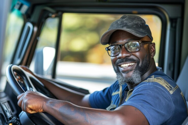 Alegre conductor de camión afroamericano dirigiendo su vehículo en un día soleado