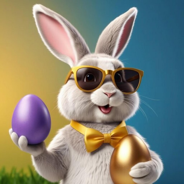 Un alegre conejo de Pascua de dibujos animados con ropa elegante y brillantes y gafas sostiene un huevo pintado en su pata