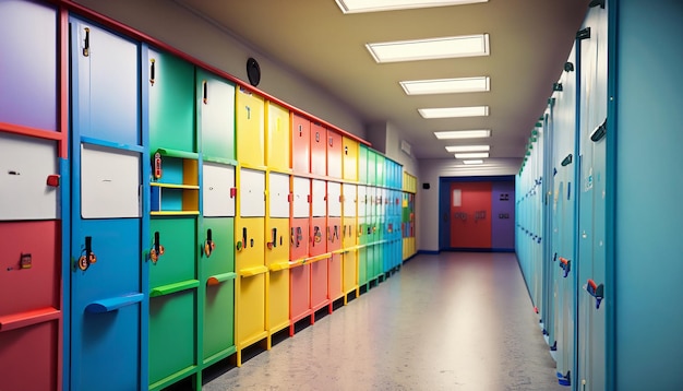 alegre corredor escolar con taquillas coloridas