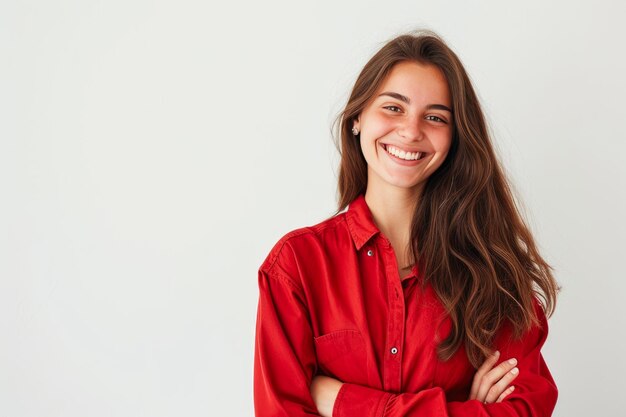 Alegre dama caucásica con una radiante camiseta roja