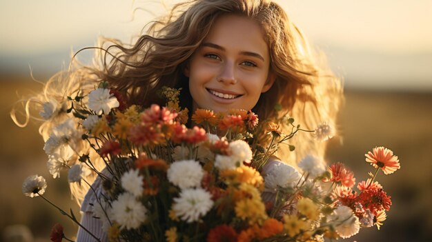 Una alegre dama joven con una variedad de flores de colores en un prado reluciente emana deleite