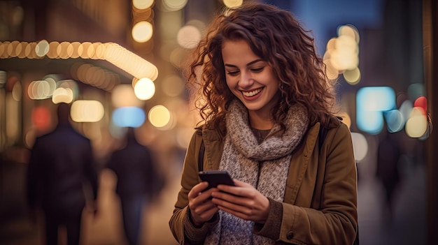 Alegre de uma jovem com telefone inteligente na rua da cidade