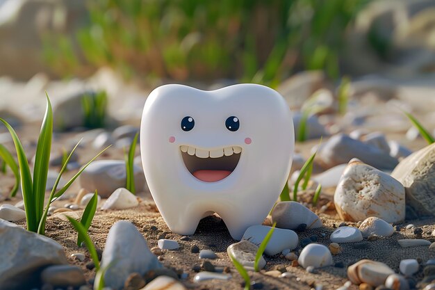 El alegre diente de dibujos animados disfrutando de la naturaleza entre rocas y hierba