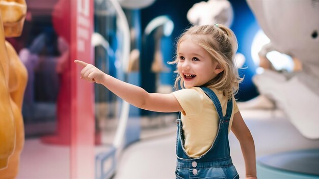 Foto alegre divertida menina bonita com cabelo loiro em dungarees de verão e camiseta amarela se divertindo