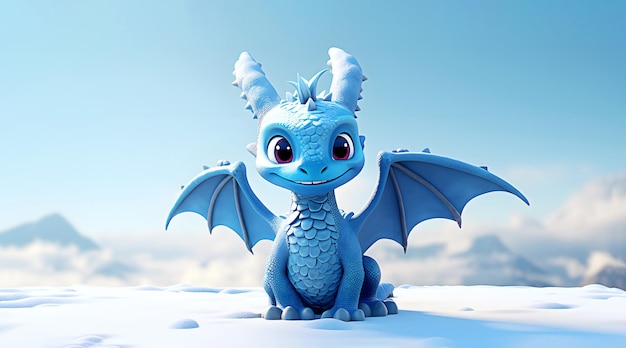 Un alegre dragón azul de dibujos animados con una sonrisa amable y ojos grandes se encuentra en la nieve al aire libre de cerca