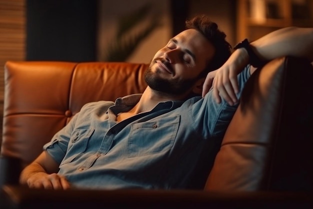 Alegre e atraente homem afro-americano milenar com barba sentado no sofá e olhar para o espaço vazio no interior minimalista da sala de estar Descanse em casa para descansar Generative AI
