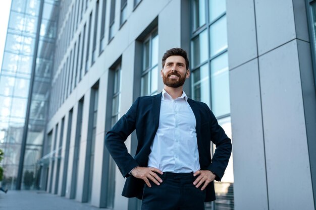 Alegre e confiante empresário milenar bonito com barba de terno fica perto do prédio de escritórios moderno