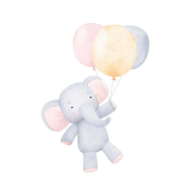 Un alegre elefante bebé volando en globos Ilustración de dibujo a mano de acuarela Se puede usar para tarjetas e invitaciones y para baby shower