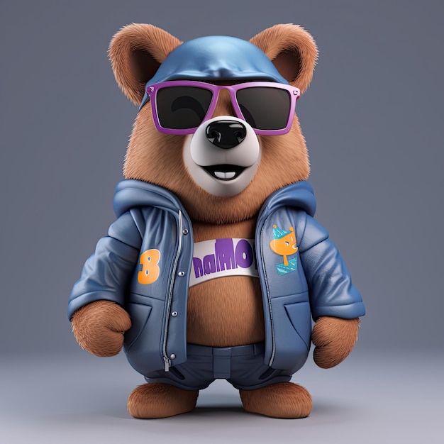 Alegre y elegante personaje de oso 3D con ropa de cuerpo completo y sombras contra un telón de fondo IA generativa