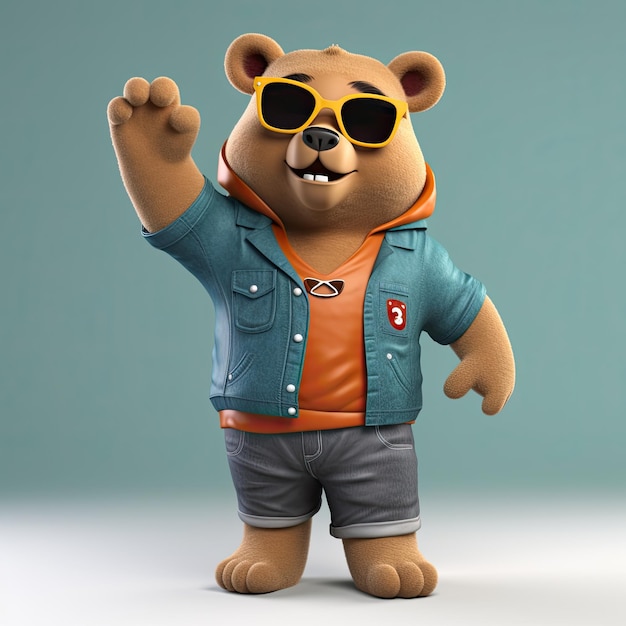 Alegre y elegante personaje de oso 3D con ropa de cuerpo completo y sombras contra un telón de fondo IA generativa