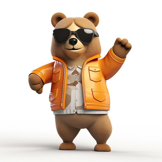 Alegre y elegante personaje de oso 3D con ropa de cuerpo completo y sombras contra un telón de fondo IA generativa
