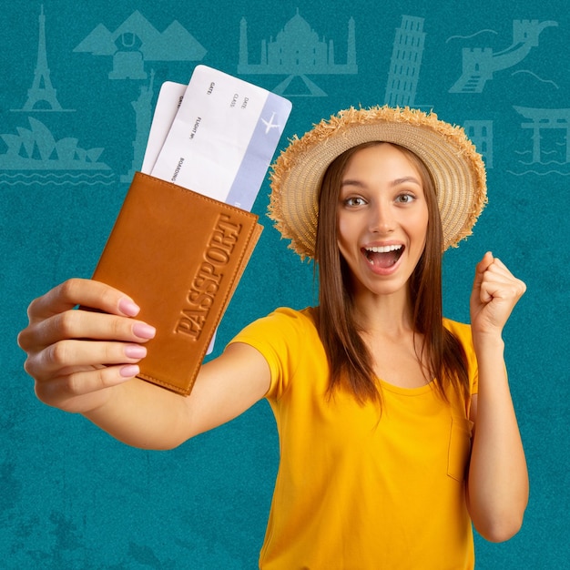 Alegre emocionada turista europea milenaria con sombrero muestra boleto y pasaporte