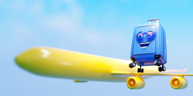 Alegre equipaje azul está volando en un avión de vacaciones Mockup para crear medios publicitarios sobre turismo y vacaciones sobre fondo azul 3d ilustración del concepto de viaje y transporte