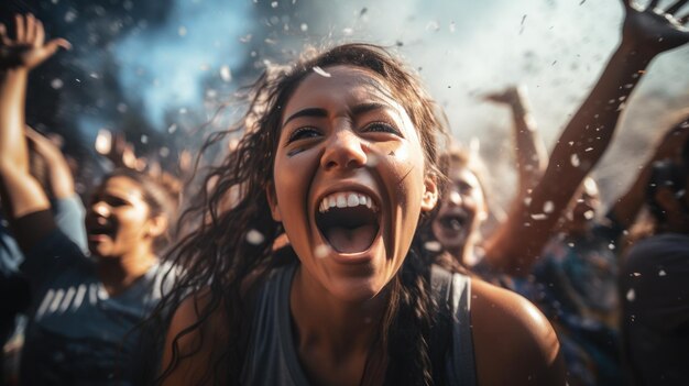 Un alegre equipo de fútbol femenino celebra la victoria y continúa con sus compañeras gritando de alegría en el estadio.