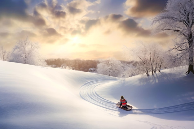 Alegre escena de invierno Niños deslizándose por colinas nevadas sus risas felices haciendo eco de la diversión de una estación blanca y fría al aire libre