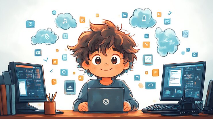 Foto el alegre especialista en ti de chibi trabajando en la red
