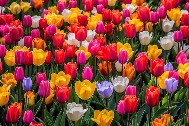 Alegre espectáculo de tulipanes de primavera