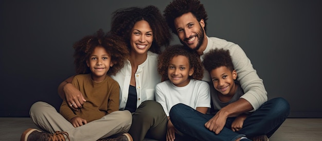 Alegre familia diversa sentada en el suelo con niños Padres sonrientes con sus dos hijos posando para una foto Madre padre e hijos apoyados en la pared