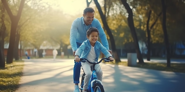 Foto una alegre familia étnica su padre le enseña a su hijo a andar en bicicleta en un parque generative ai