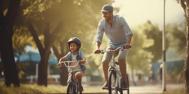 Una alegre familia étnica Su padre le enseña a su hijo a andar en bicicleta en un parque Generative Ai