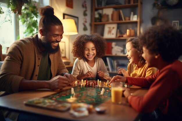 Una alegre familia interracial jugando juegos de mesa en 0009902