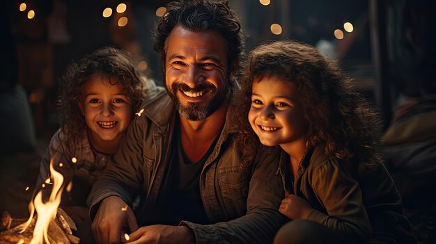 Alegre familia de tres personas de Oriente Medio divirtiéndose juntos en un campamento