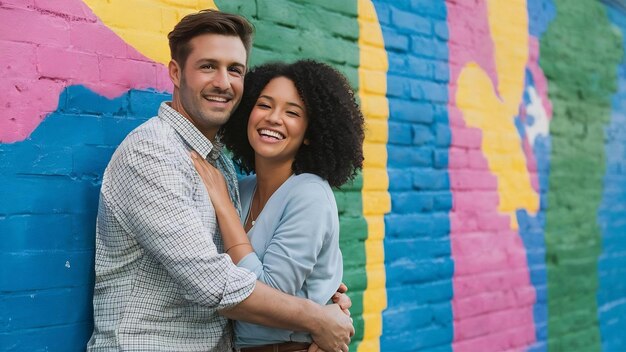 Alegre feliz abrazando a una pareja amorosa de pie cerca de la pared pintada